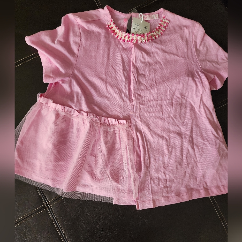 Girls Designer Pink Shirt with Tulle Overlay, size 9/10, NWT